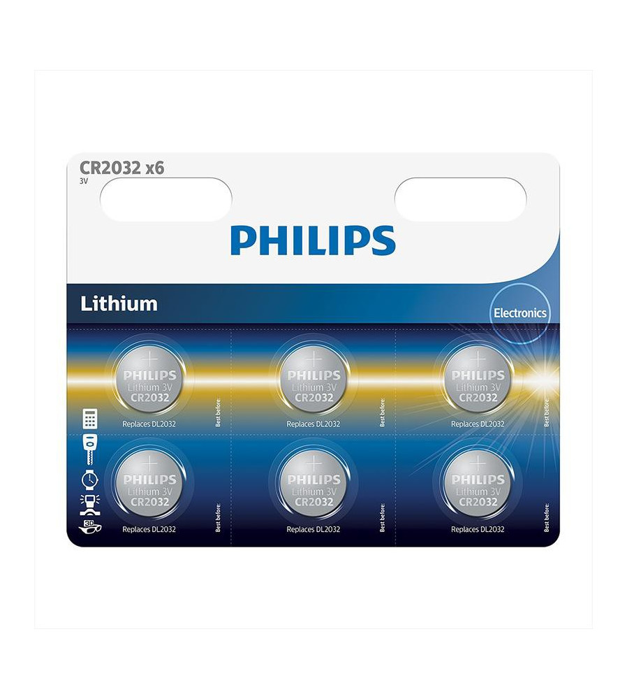 PHILIPS - Pachet de 6 buc Philips CR2032 3v baterie plata cu litiu - Baterii plate - BS013-CB