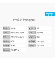 Vention - Mini Displayport Male pentru VGA Female Adaptor Convertor - DVI și DisplayPort adaptoare - V064