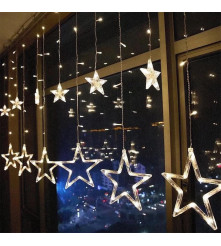 Oem - Instalatie de Craciun, Perdea luminoasa ploaie, 12 Stele mari si mici, Alb cald cu temporizator 2M 130 LED-uri - Lumini...