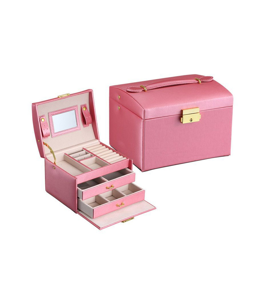 Oem - Cutie eleganta pentru bijuterii, ceasuri sau accesorii, 20 de compartimente, oglinda si inchidere cu cheie culoare roz ...