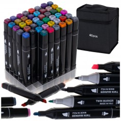 Oem - Set 48 markere, 2 capete subtire si gros, cu geanta de depozitare si suport din plastic, multicolore - Rechizite școlar...