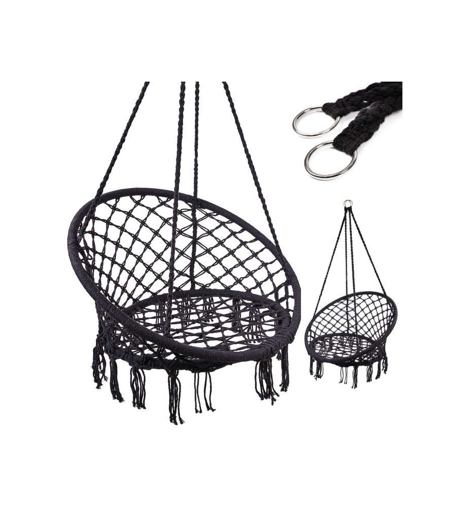 Oem - Leagan tip scaun rotund suspendat pentru casa sau gradina, cu franjuri, capacitate 150kg, negru - Hamacuri și Leagăne  ...