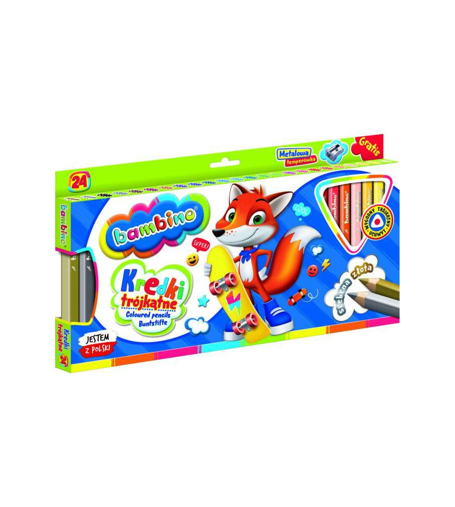 Oem - Set 24 de culori de creioane colorate triunghiulare Bambino in rama din lemn + ascutitoare - Rechizite școlare și acces...