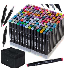 Oem - Set 168 markere, 2 capete subtire si gros, cu geanta de depozitare si suport din plastic, multicolore - Rechizite școla...