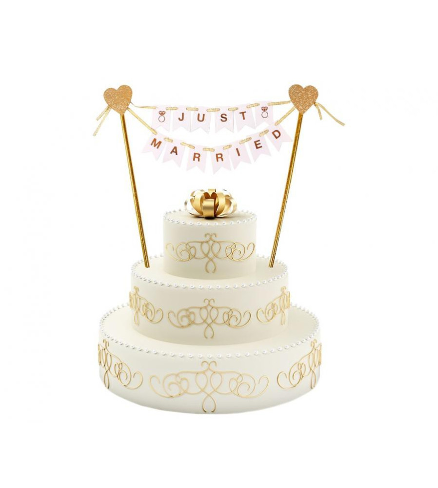 Oem - Topper din hartie pentru tort W&C Just Married auriu 25 cm - Recuzite si Propsuri - GD736