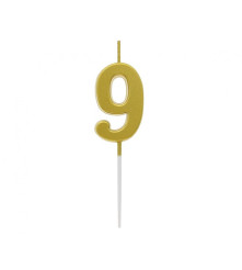 GoDan - Lumanare tort cifra 9, auriu metalic, 9.5 cm - Lumanari petrecere - GD767-9