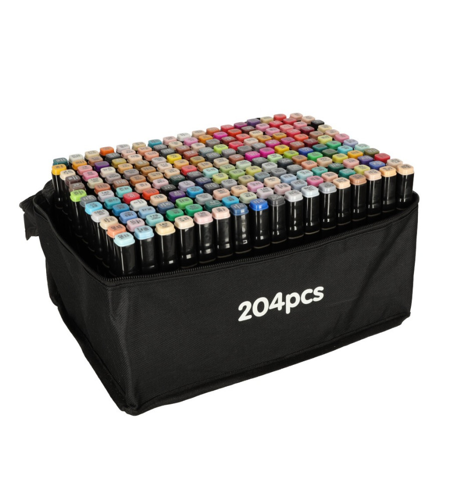 Oem - Set 204 markere, 2 capete subtire si gros, cu geanta de depozitare si suport din plastic, multicolore - Rechizite școla...