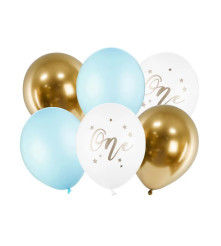 Oem - Set 6 baloane de aniversare One alb, albastru deschis si auriu 30 cm - Baloane petreceri - IK335