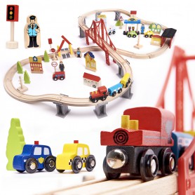 Oem - Orasel, pista cu circuit auto si feroviar din lemn, 70 piese - Jucării educative - IK406