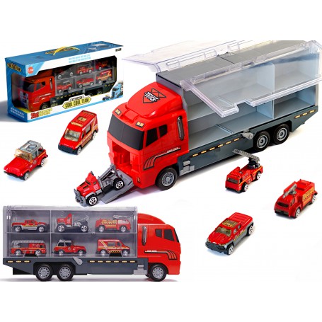 Oem - Camion transportor cu 6 masini metalice pompieri - Jucării interior - IK408