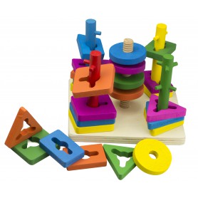 Oem - Joc Montessori de indemanare cu 5 coloane sortator de forme din lemn - Jucării educative - IK457
