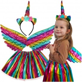 Oem - 3-piece Unicorn costume, wings headband and skirt, rainbow - For children - IK501