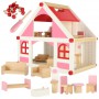 Oem - Casa de papusi roz- alb din lemn, cu mobilier, dimensiunea 26cm X 39cm X 36cm - Jucării interior - IK598