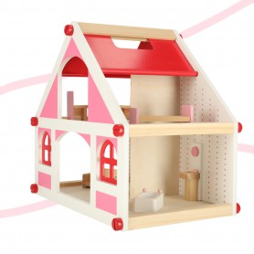 Oem - Casa de papusi roz- alb din lemn, cu mobilier, dimensiunea 26cm X 39cm X 36cm - Jucării interior - IK598