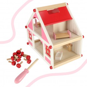 Oem - Casa de papusi roz- alb din lemn, cu mobilier, dimensiunea 26cm X 39cm X 36cm - Jucării interior - IK598