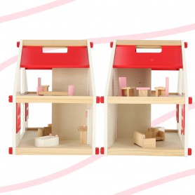 Oem - Casa de papusi roz- alb din lemn, cu mobilier, dimensiunea 26cm X 39cm X 36cm - Jucării interior - IK598