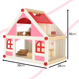 Oem - Casa de papusi roz- alb din lemn, cu mobilier, dimensiunea 26cm X 39cm X 36cm - Jucării interior - IK598