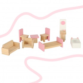 Oem - Casa de papusi roz- alb din lemn, cu mobilier, dimensiunea 26cm X 39cm X 36cm - Jucării interior - IK598