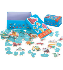 Puzzle 24 de piese, vehicule, cu cutie metalica de depozitare, multicolor
