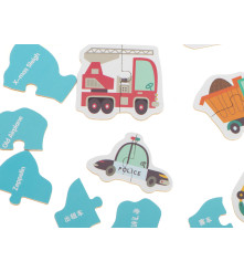Puzzle 24 de piese, vehicule, cu cutie metalica de depozitare, multicolor
