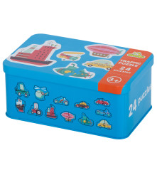 Puzzle 24 de piese, vehicule, cu cutie metalica de depozitare, multicolor