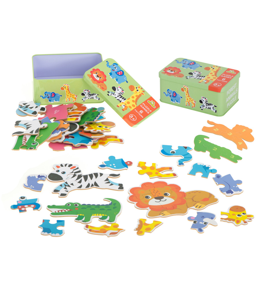Set 6 puzzle-uri cu animale din Safari, in cutie metalica, 25 piese