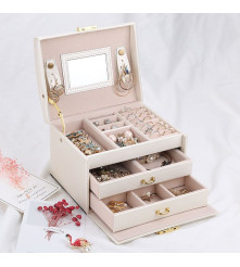 Cutie eleganta pentru bijuterii, ceasuri sau accesorii, 20 de compartimente, oglinda si inchidere cu cheie culoare bej