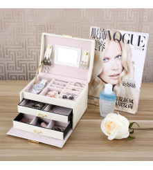 Cutie eleganta pentru bijuterii, ceasuri sau accesorii, 20 de compartimente, oglinda si inchidere cu cheie culoare bej