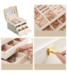 Cutie eleganta pentru bijuterii, ceasuri sau accesorii, 20 de compartimente, oglinda si inchidere cu cheie culoare bej