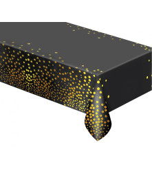 Fata de masa din folie B&C neagra cu buline auriu, 137x183 cm