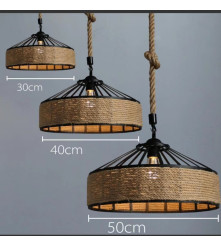 Plafoniera din fier cu frânghie de cânepă, E27, Fara Bec, vintage, stil retro, reglabil, diametru 30 cm