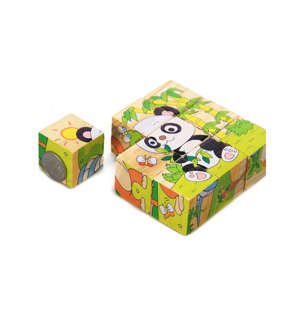 Set 6 in 1 cuburi Puzzle din lemn pentru copii, 6 imagini, animale salbatice