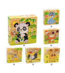 Set 6 in 1 cuburi Puzzle din lemn pentru copii, 6 imagini, animale salbatice