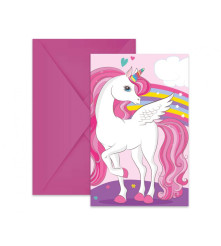 Set de 6 invitatii cu plicuri pentru petrecere, Unicorn Rainbow Colors, dimensiuni 14,5 x 9,5 cm