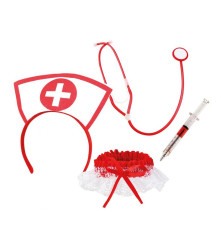 Set 4 accesorii pentru costum carnaval asistenta medicala, bentita, seringa, stetoscop si jartiera