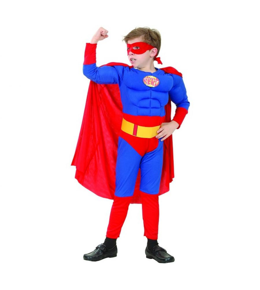 Costum carnaval Superman cu muschi pentru copii, 7 - 8 ani (120/130 cm)