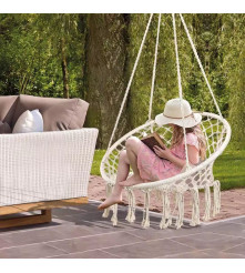 Leagan Tip Scaun Rotund Suspendat Pentru Casa Sau Gradina, Cu Franjuri, Capacitate 150kg, alb