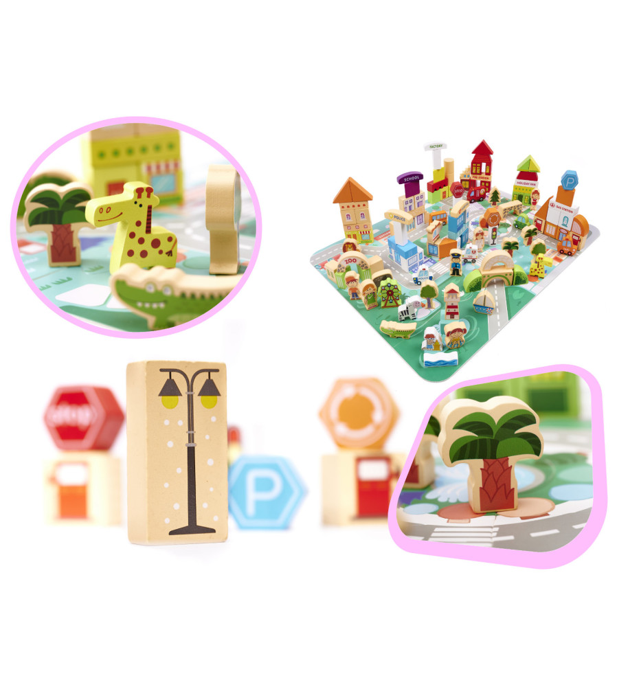 Set 120 Piese Blocuri Din Lemn Pentru Copii, Puzzel Educational