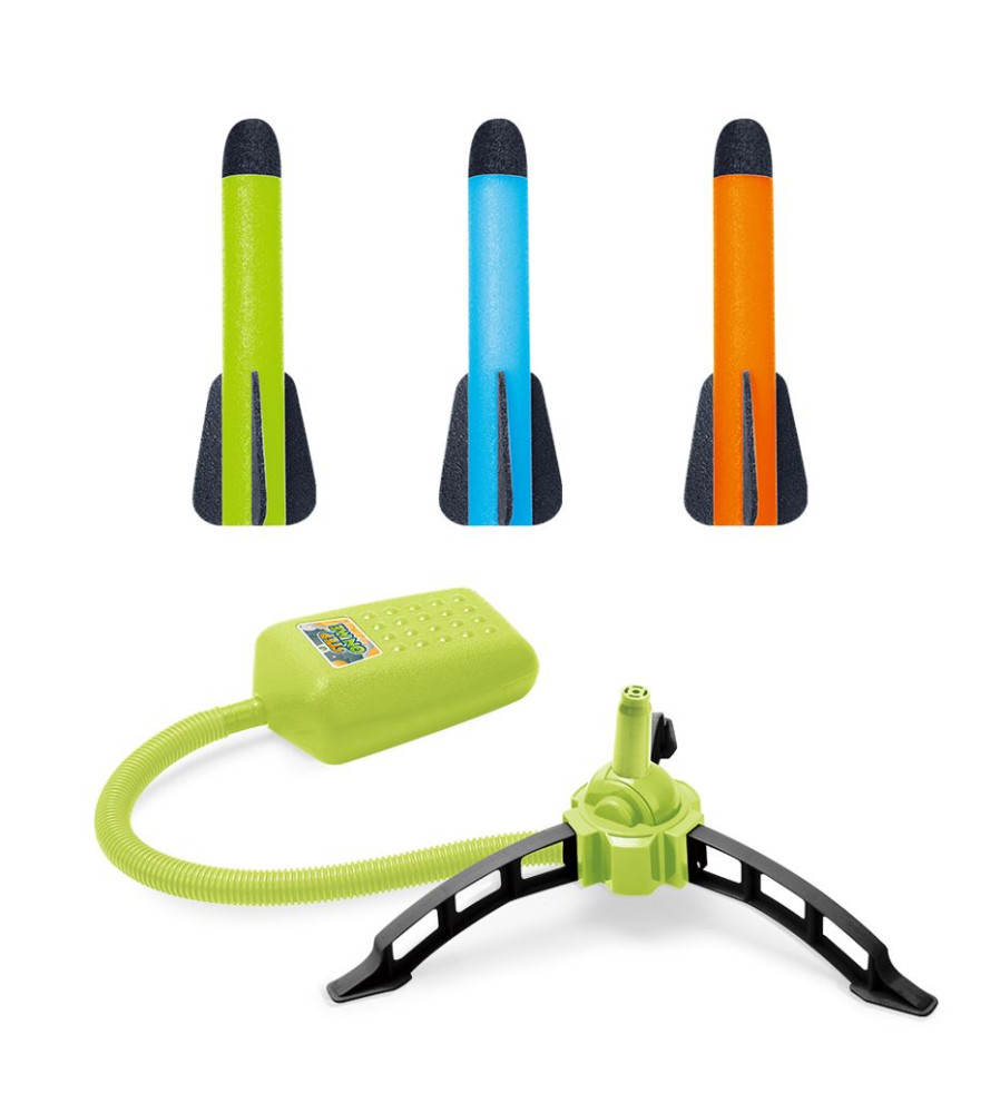 Set Jucarie Lansator de Rachete din Spuma, Foloseste Presiunea Aerului, 3 Rachete, multicolor
