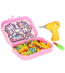 Set de 285 bucati de blocuri creative pentru constructii cu bormasina, Screw Puzzle Box, unicorn - roz