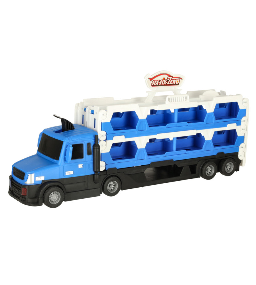 Set camion transportator, pilabil, cu 10 masinute si pista de curse XXL, albastru