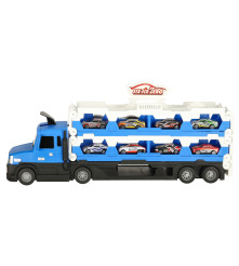 Set camion transportator, pilabil, cu 10 masinute si pista de curse XXL, albastru