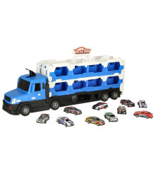 Set camion transportator, pilabil, cu 10 masinute si pista de curse XXL, albastru