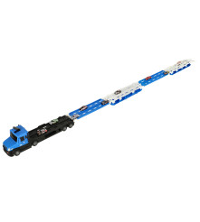 Set camion transportator, pilabil, cu 10 masinute si pista de curse XXL, albastru