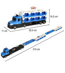 Set camion transportator, pilabil, cu 10 masinute si pista de curse XXL, albastru