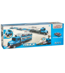 Set camion transportator, pilabil, cu 10 masinute si pista de curse XXL, albastru