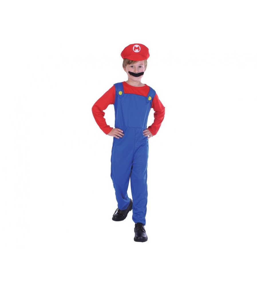 Costum carnaval Super Mario cu overal si palarie pentru copii, marime 120/130 cm (7-8 ani)