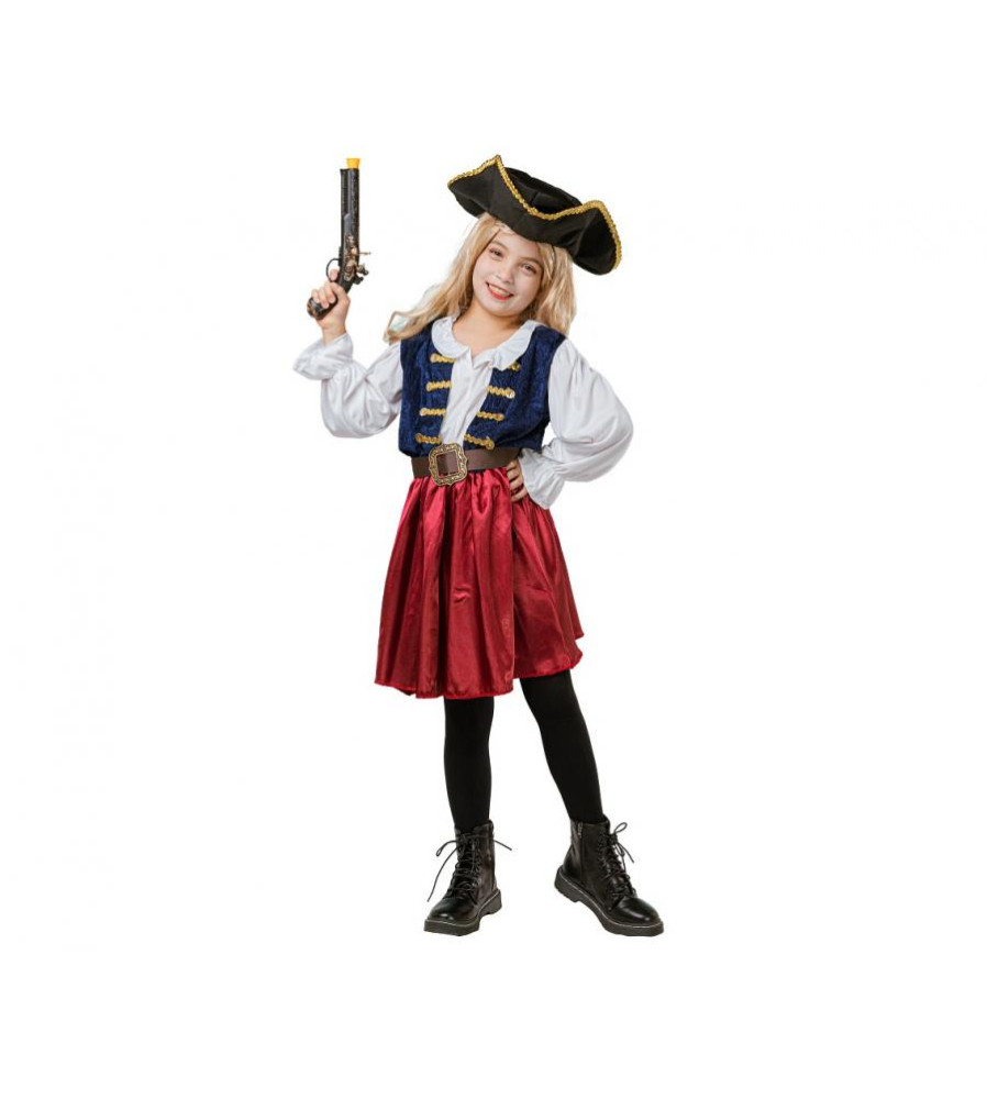 Costum carnaval Pirat elegant pentru fete cu palarie, rochie si curea, 120-130 cm (7-8 ani)