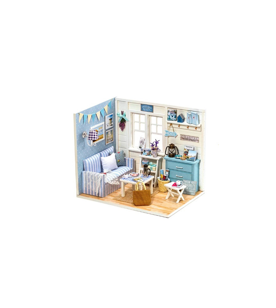 Casa de papusi, din lemn, cu iluminare LED, pliabil, sufragerie, 12.4 x 15.02 x 10.5 cm