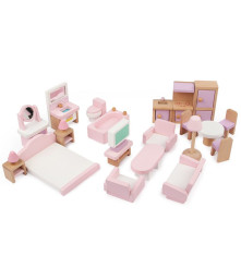 Set mobilier de jucarie din lemn pentru Casuta Papusilor, 22 piese, roz